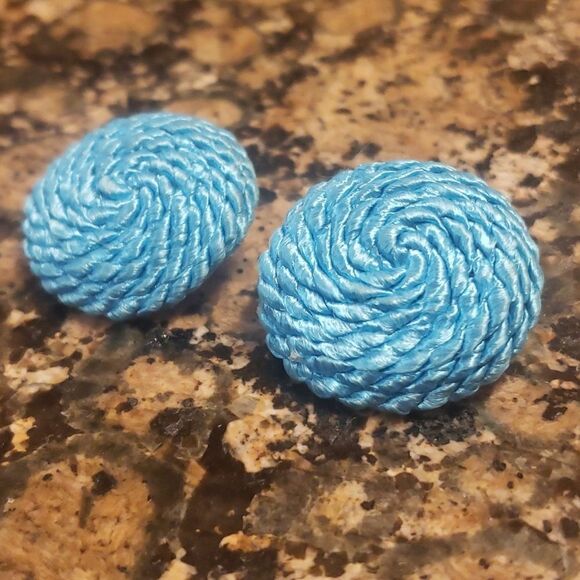 Vintage Blue Yarn Braided Handmade Earrings - Picture 1 of 4